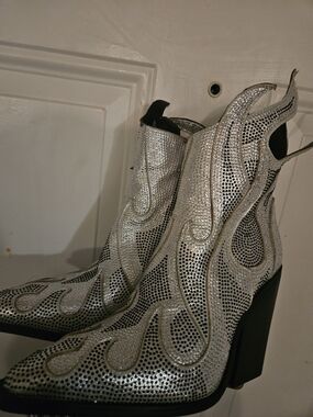Silver Embellished Flame Western Ankle Boots - Women's